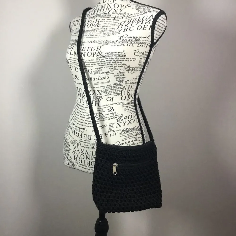 Lina black crochet crossbody or shoulder bag with plaited strap and pockets